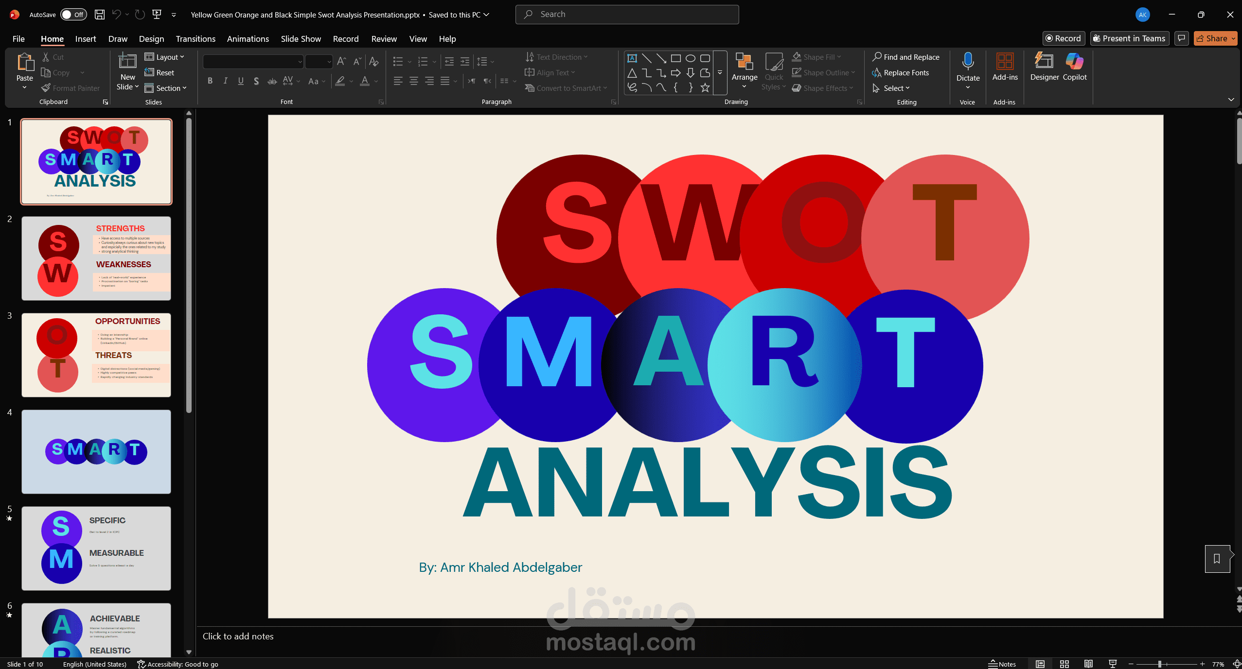 عرض تقديمي شامل يتضمن تحليل SWOT و SMART لتقييم المهارات الشخصية ووضع الأهداف المهنية المستقبلية.
