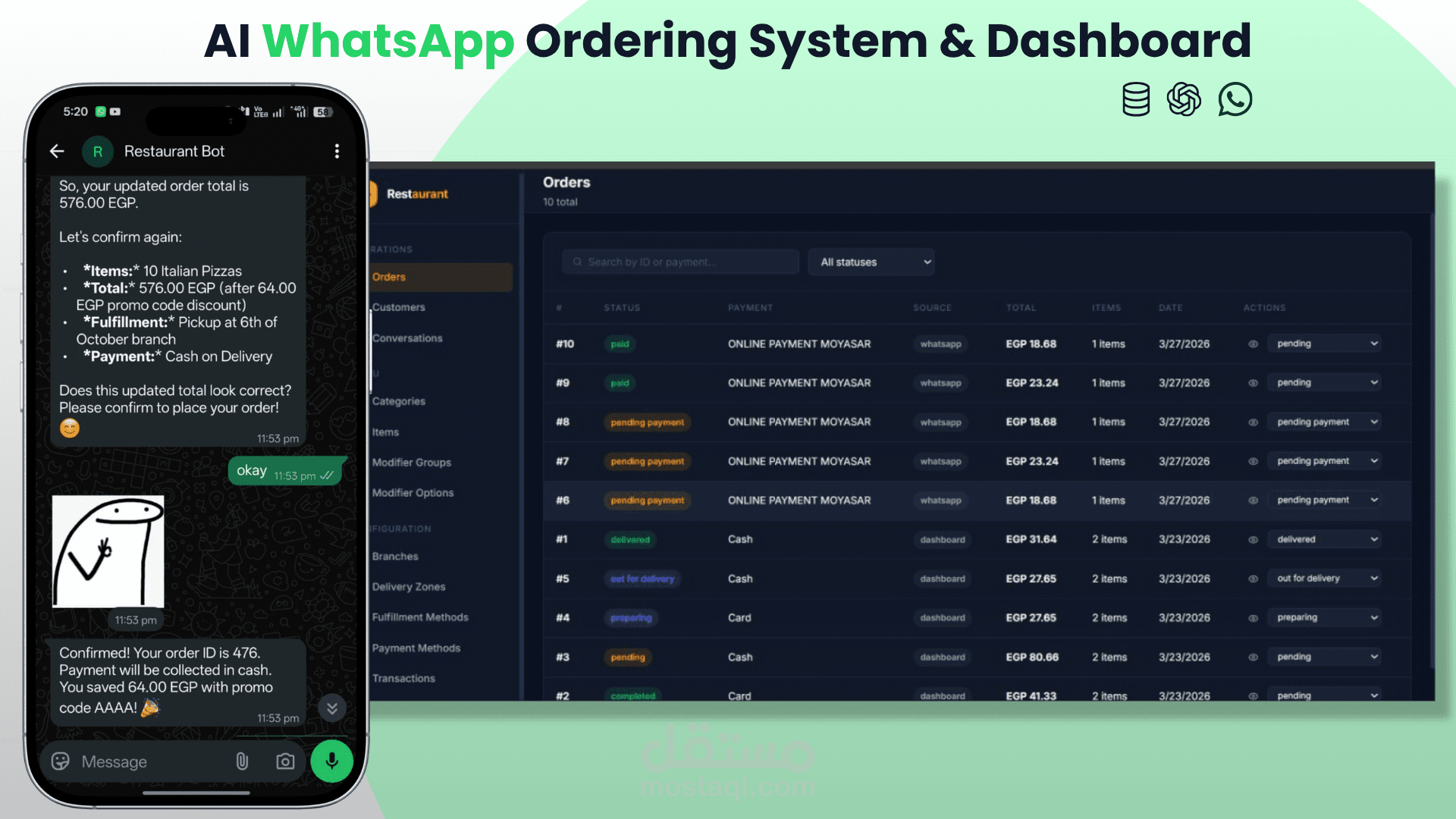 مساعد ذكي (AI Agent) لطلبات المطاعم عبر واتساب مع لوحة تحكم متكاملة
