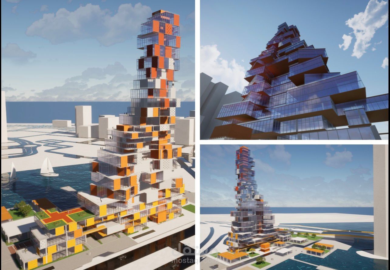 تصميم برج متعدد الاستخدامات بتكوين كتلي ديناميكي