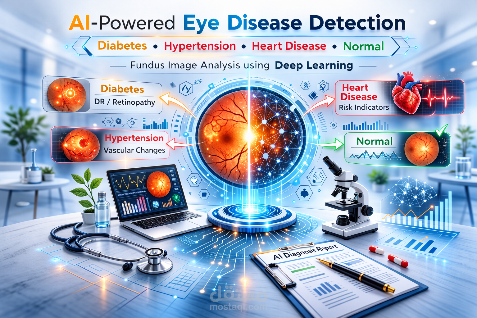 تطوير نموذج Deep Learning لاكتشاف مؤشرات السكري والضغط وأمراض القلب من خلال صور قاع العين