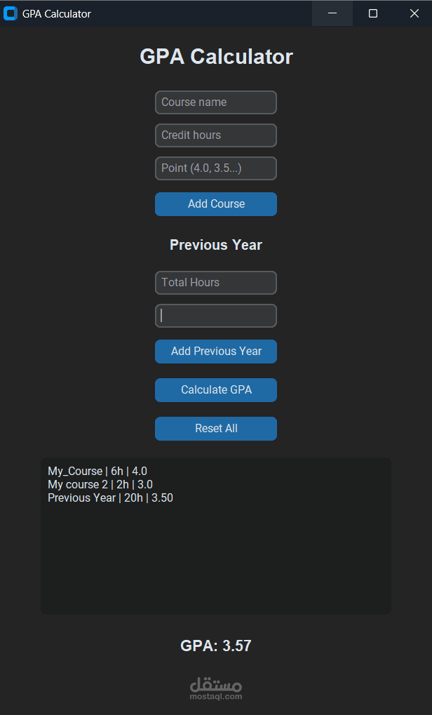 تطوير واجهة مستخدم رسومية (GUI) متكاملة باستخدام Python لتصميم برنامج Desktop يحسب المعدل التراكمي .