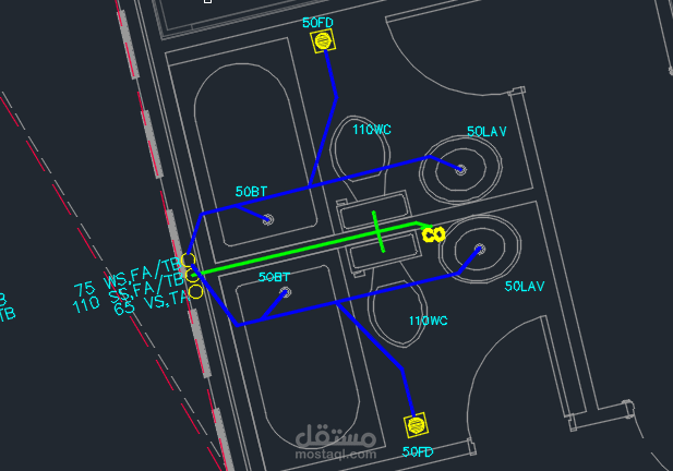 تصميم نظام تصريف لمشروع خمس مباني متلاصقة من ثلاثة طوابق وسفلي كل منها