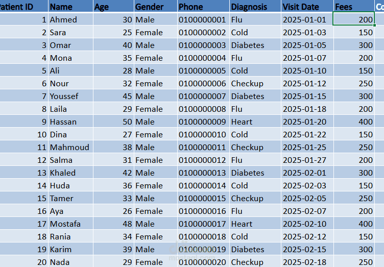 لوحة تحليل بيانات المرضى – Excel Project