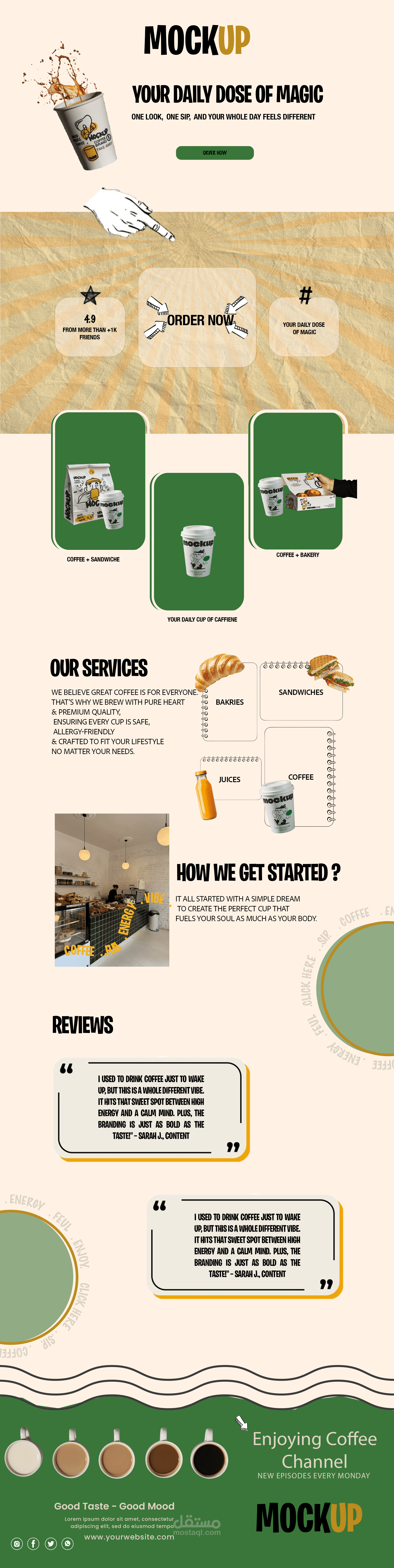 تصميم صفحة هبوط (Landing Page) إبداعية لهوية بصرية لمقهى - فوتوشوب