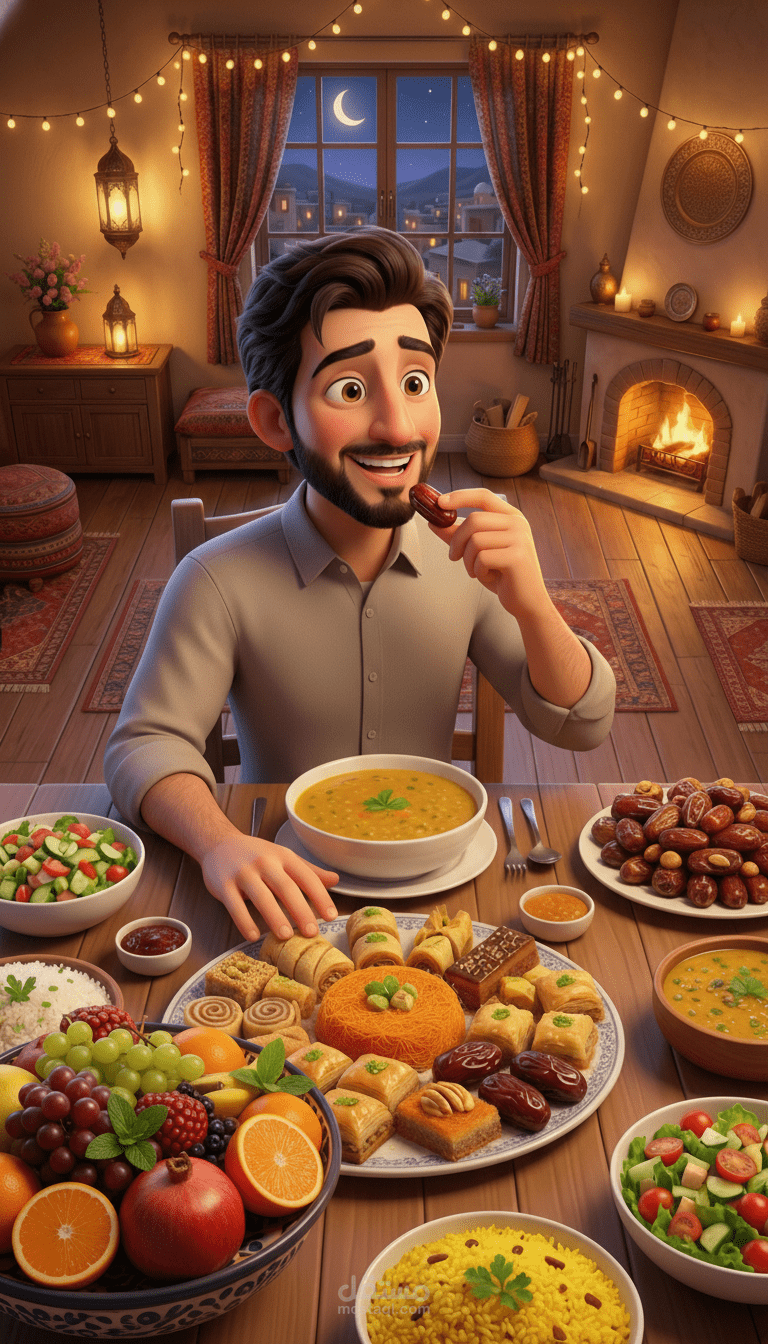 فيديو بالذكاء الاصطناعي عن ماذا يحدث داخل جسمك عند اكل الحلويات في فطور رمضان