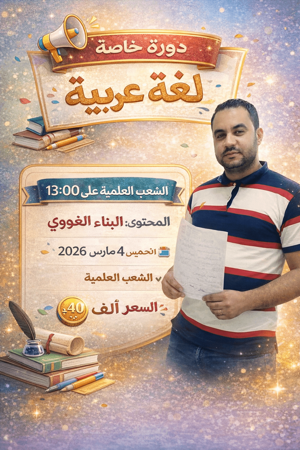 تصميم إعلان دورة لغة عربية للشعب العلمية