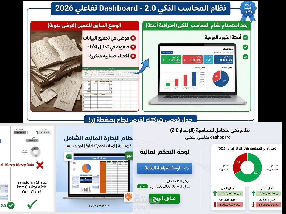 نظام محاسبي متكامل مع لوحة تحكم ذكية (Excel Dashboard)