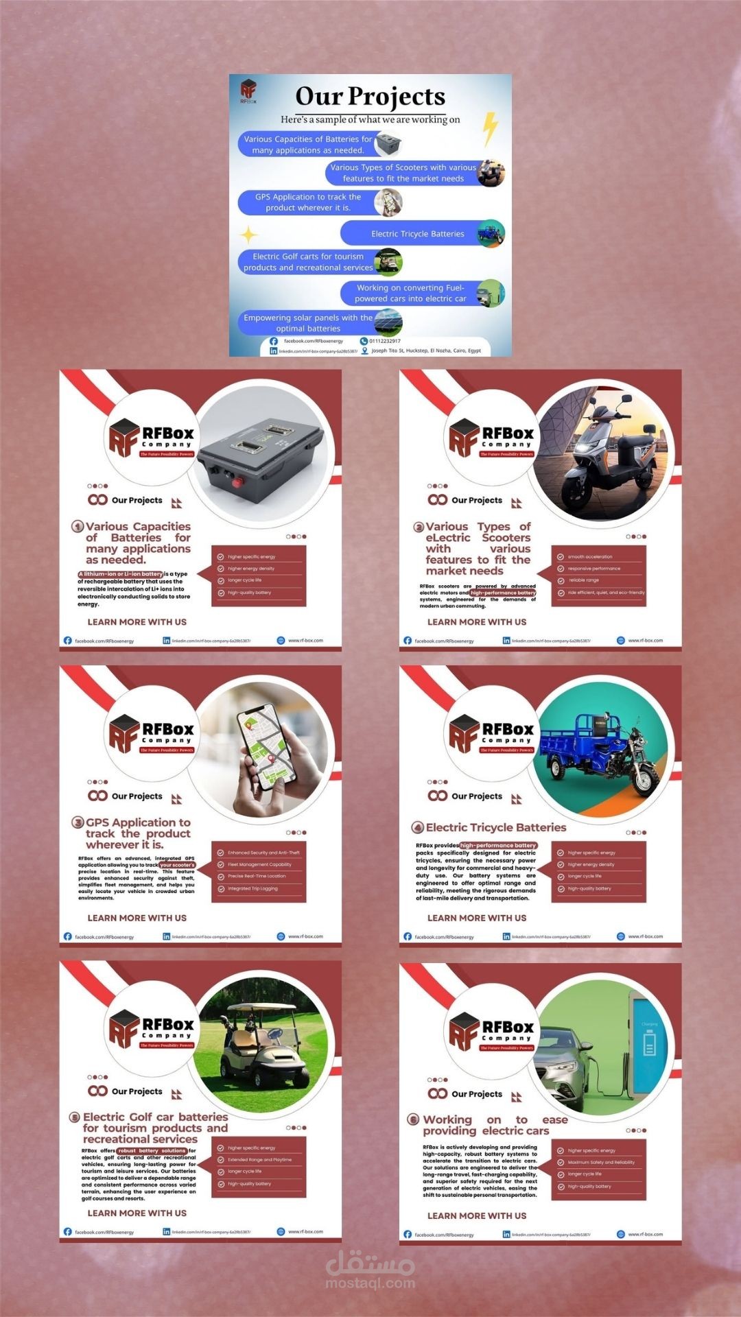 تصميم محتوى بصري متكامل لشركة تقنية (RF Box) متخصصة في حلول الطاقة والمركبات الكهربائية.