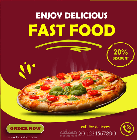 تصميم بوستر سوشيال ميديا لمطعم بيتزا ووجبات سريعة