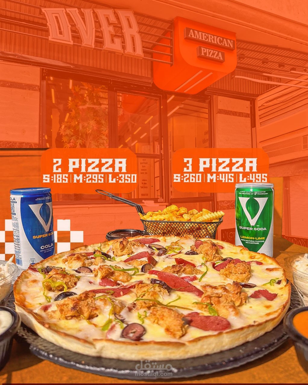 تصميم بوستر دعائي لعرض خاص لمطعم بيتزا، يركز على إبراز المنتج بطريقة شهية.