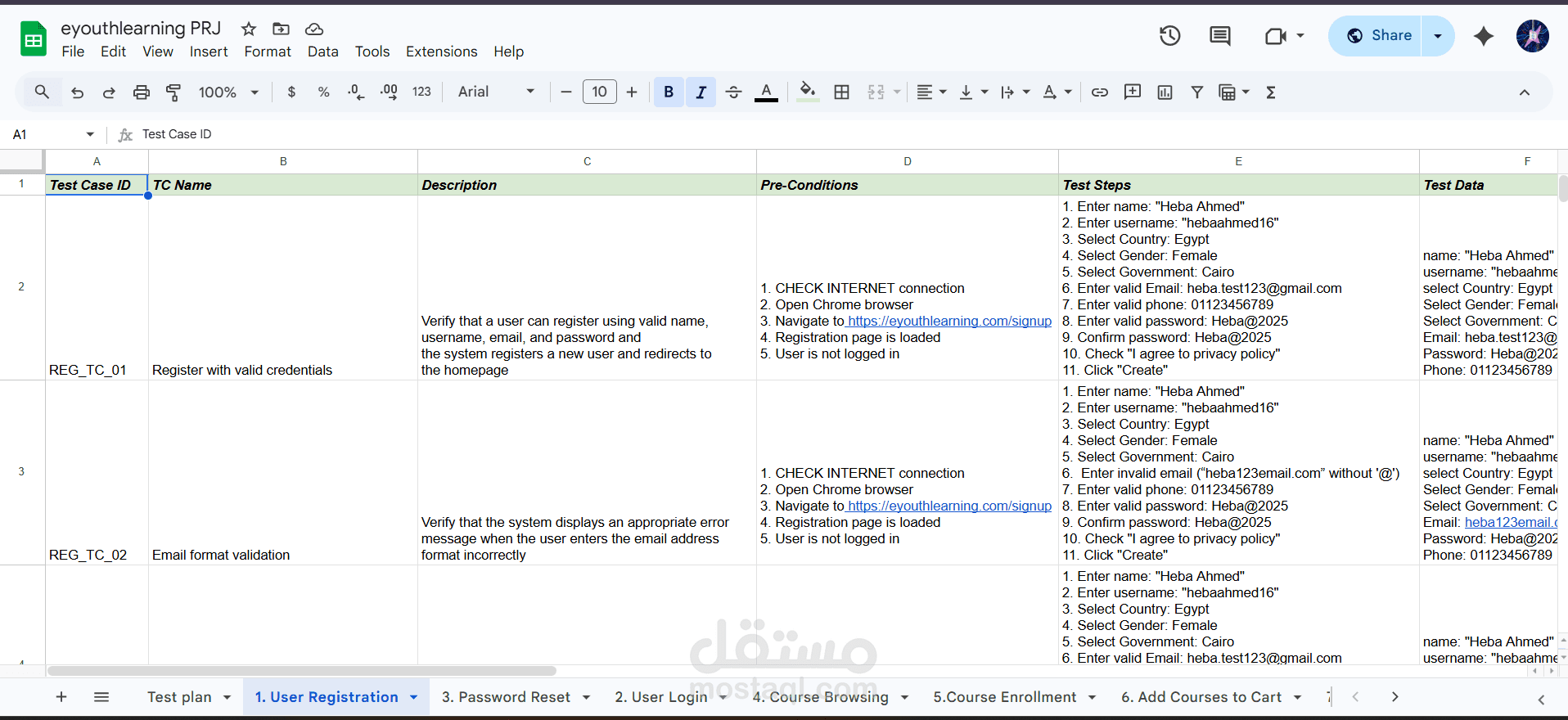 تصميم حالات اختبار يدوية لمنصة التعلم الإلكتروني EYouth E-Learning