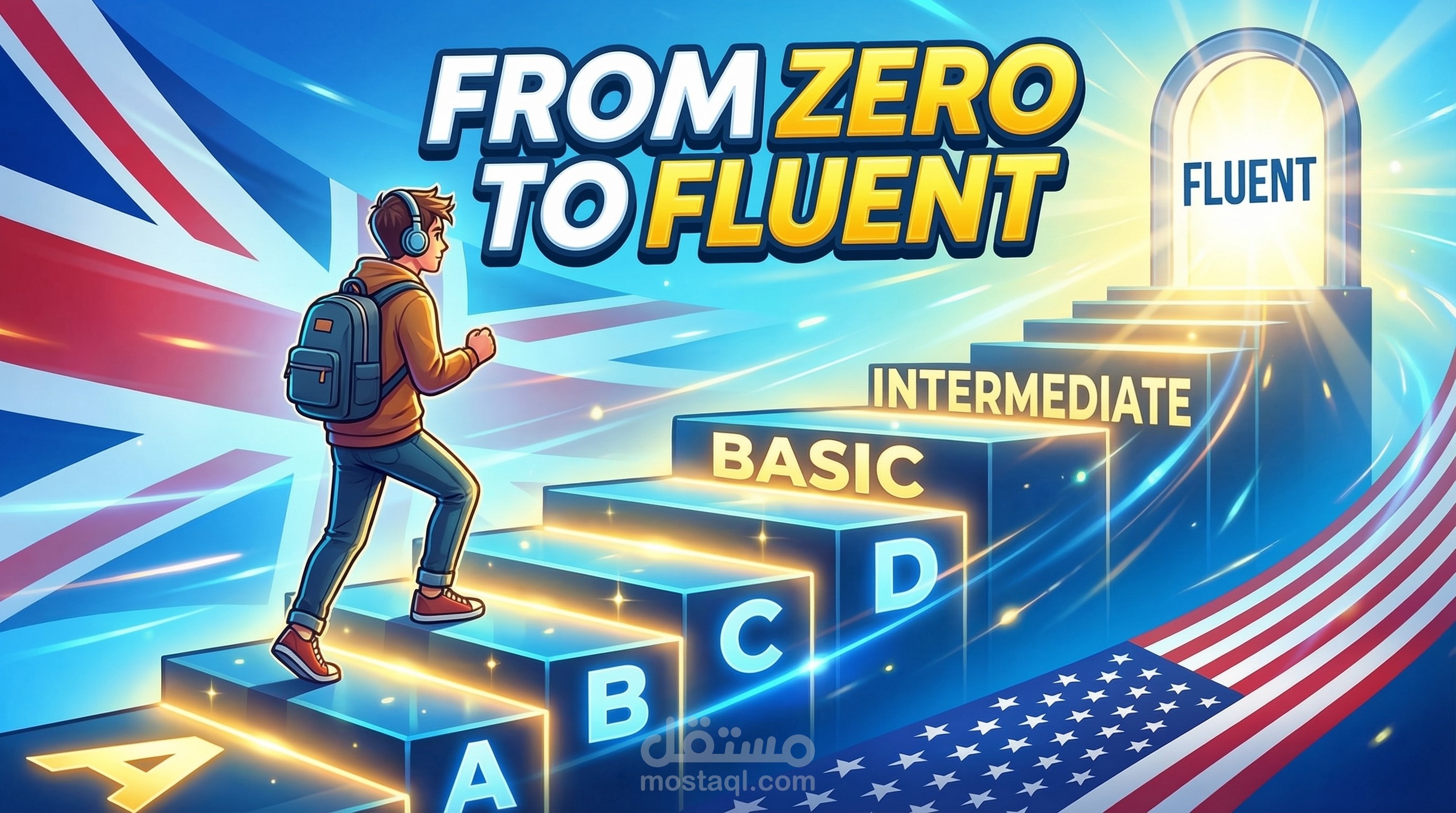 تصميم صورة مصغّرة احترافية ليوتيوب لتعلم اللغة الإنجليزية (From Zero to Fluent)