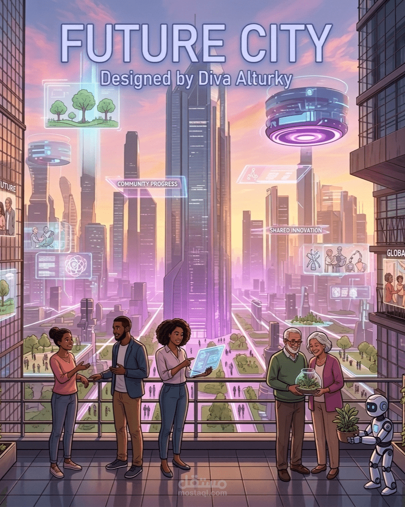 تصميم بوستر مفاهيمي لمدينة المستقبل المستدامة.