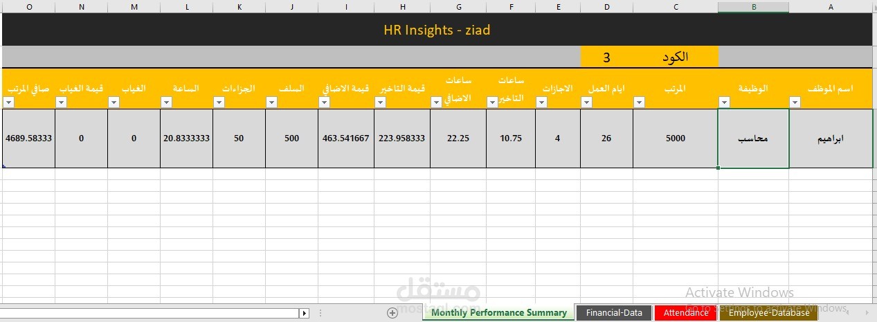 نظام HR الذكي لإدارة الرواتب وتحليل الأداء الشهري (Automated Payroll & HR Dashboard)