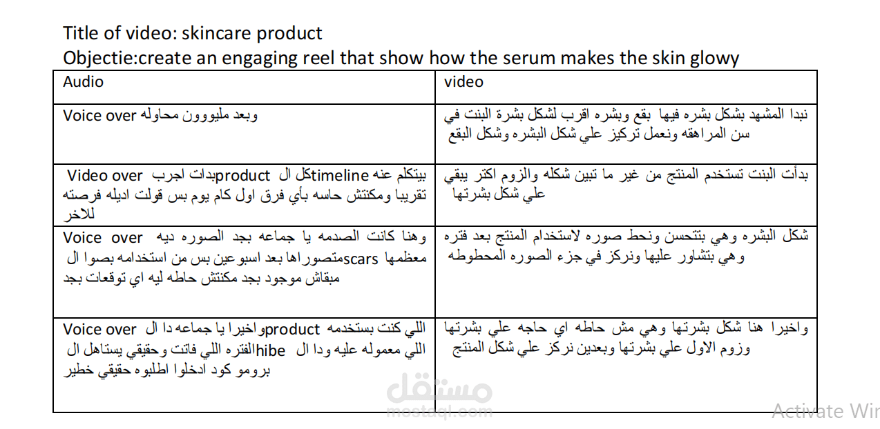 كتابة سكريبت فيديو إعلاني لمنتج عناية بالبشرة (Skincare Reel Script)