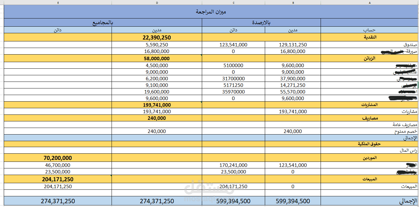 إعداد ميزان مراجعة شامل وتنظيم السجلات المالية لشركة تجارية.