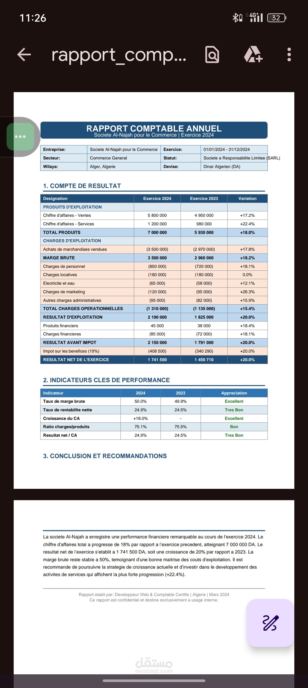 Elaboration d'un rapport comptable annuel complet