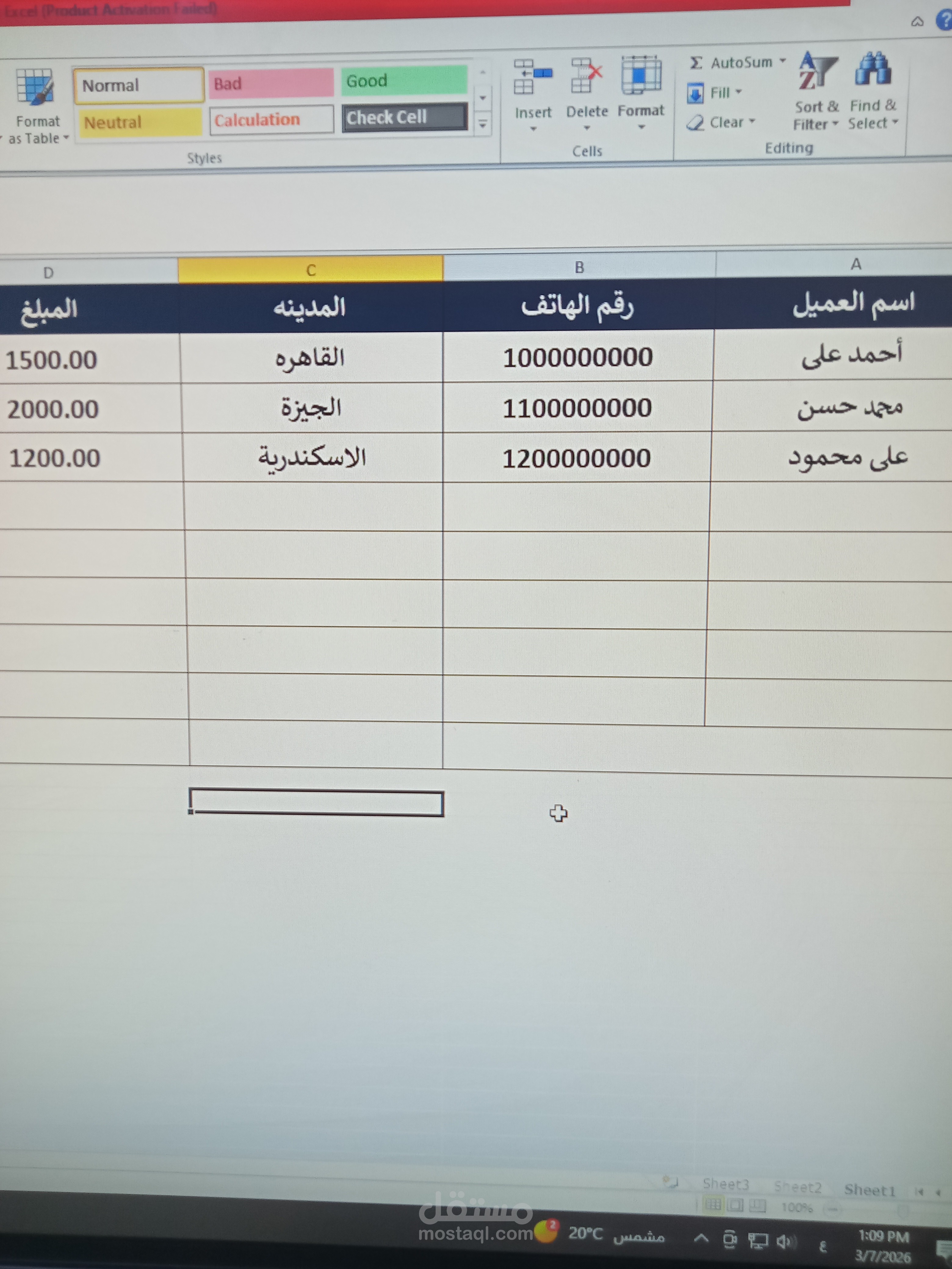 تنظيم بيانات العملاء وإدخال البيانات على Excel
