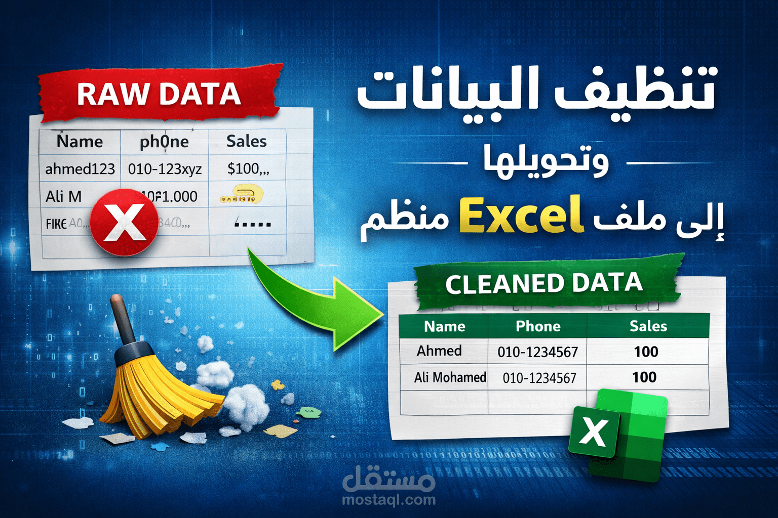 تنظيف البيانات وتحويلها إلى ملف Excel منظم