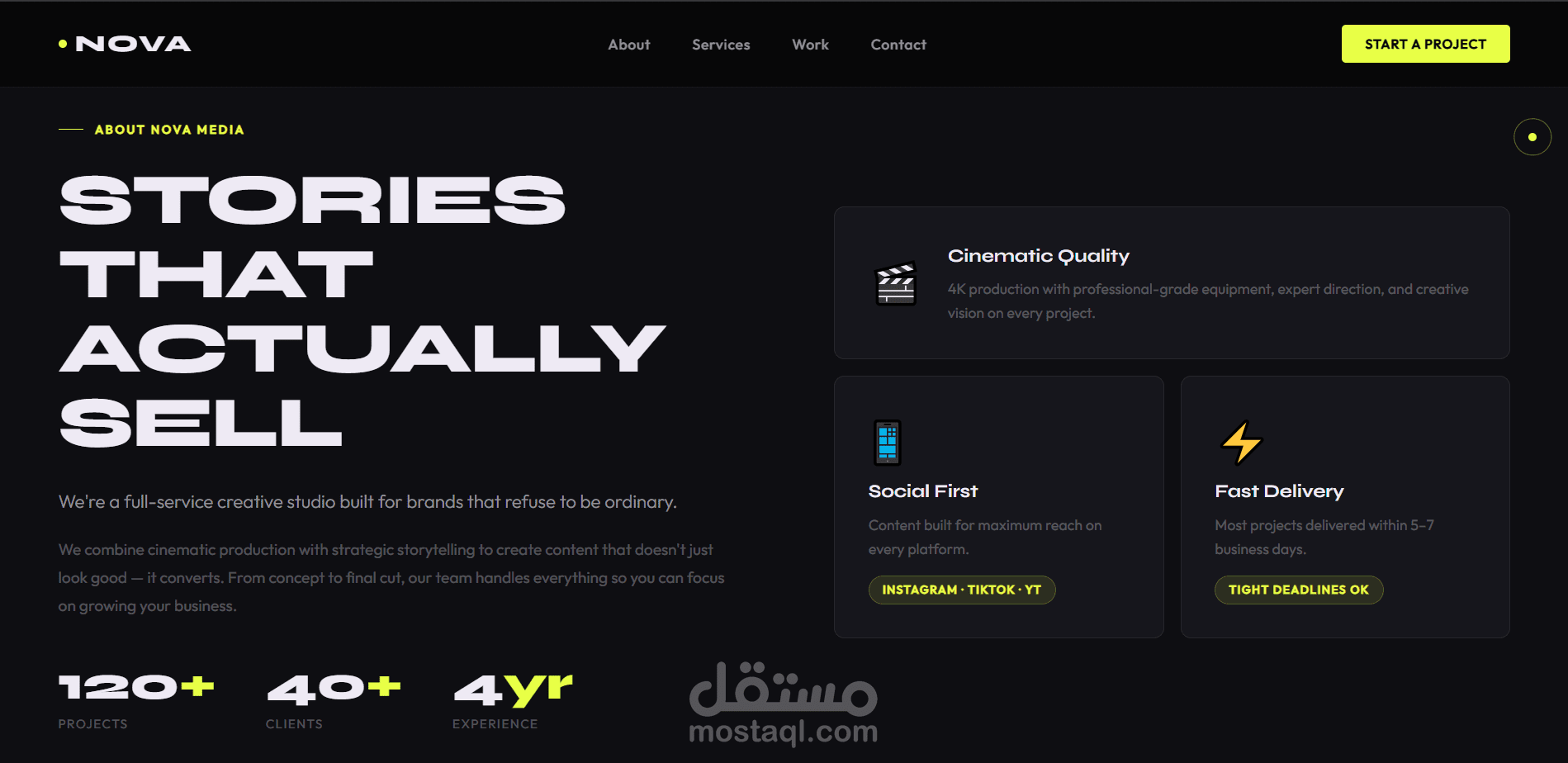 تصميم لصفحة هبوط landing page لشركة NOVA Media