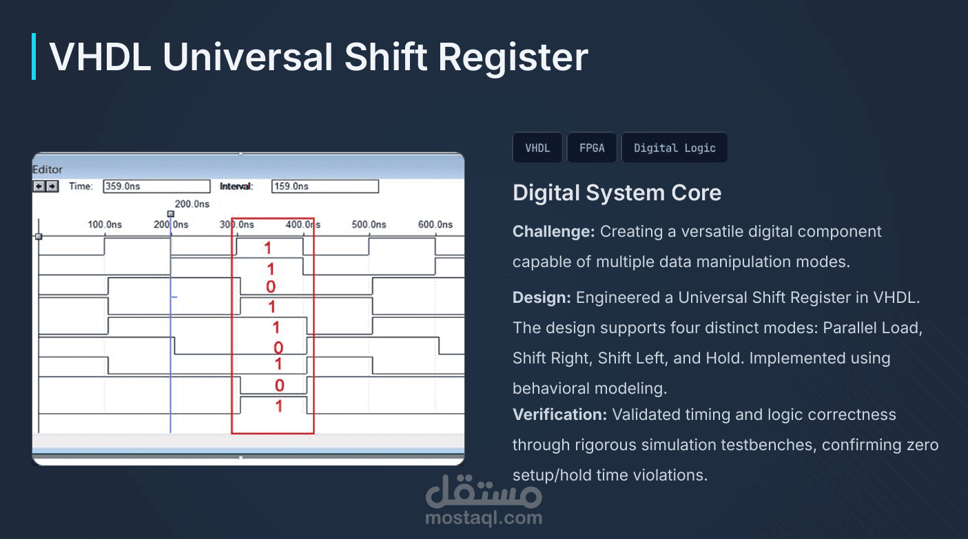 تصميم مسجل إزاحة شامل باستخدام VHDL (Universal Shift Register)