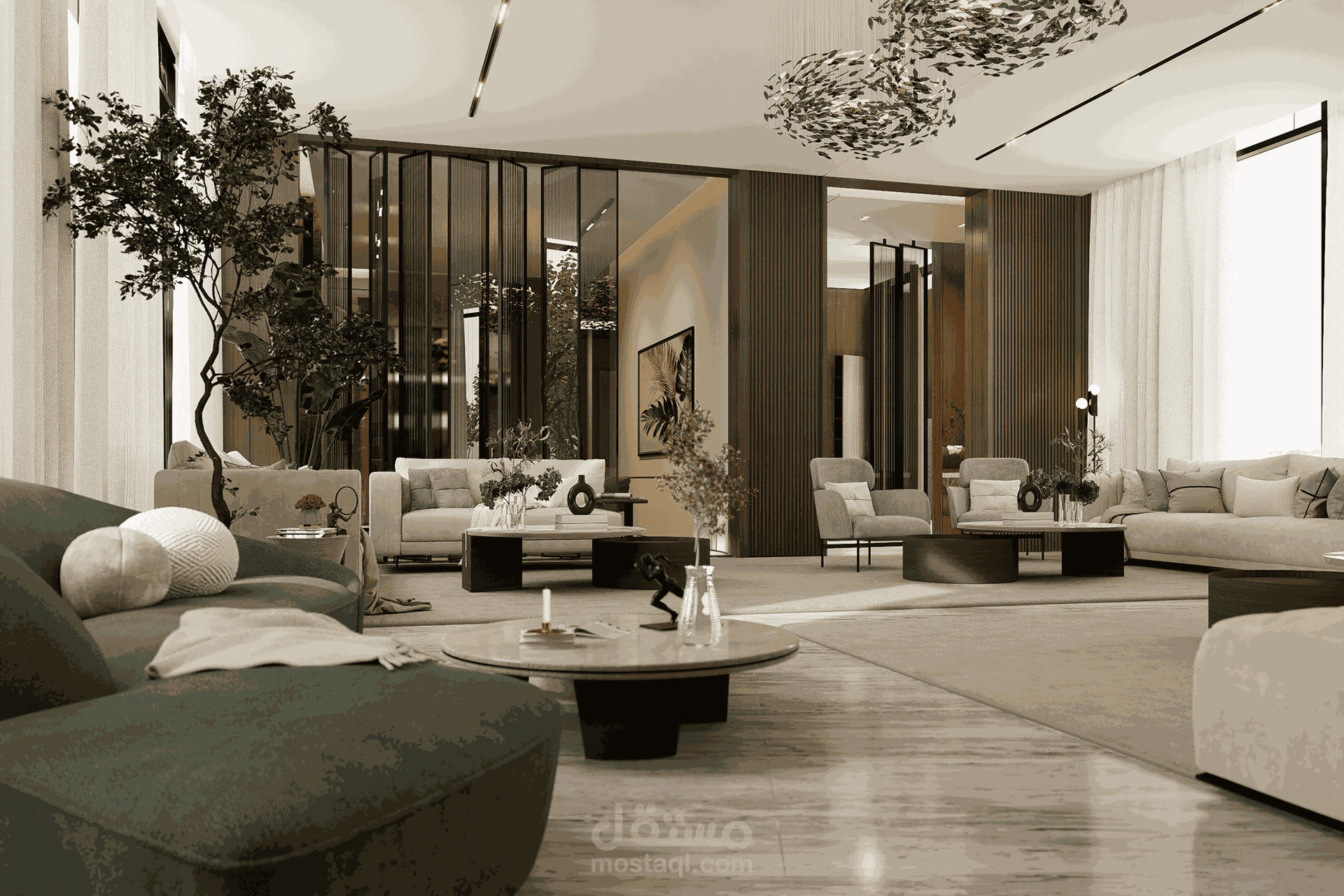 تصميم داخلي لدور أرضي (منطقة استقبال) بأسلوب عصري دافئ