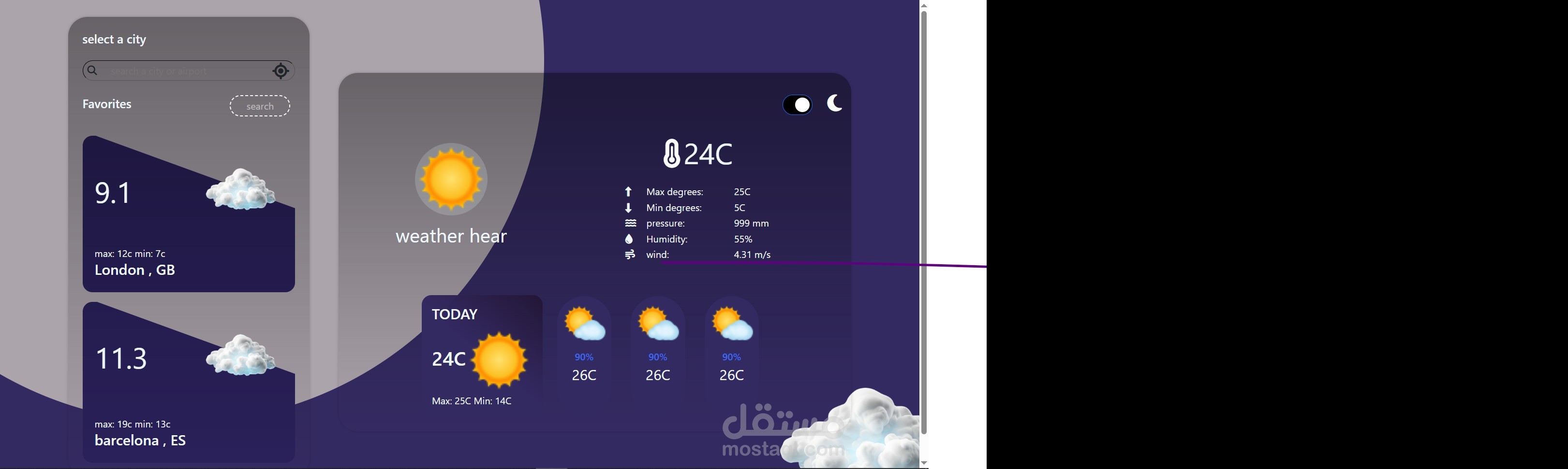 واجهه ويب تفاعليه لمعرفه الطقس في اي مكان مع سهوله الاستخدام
