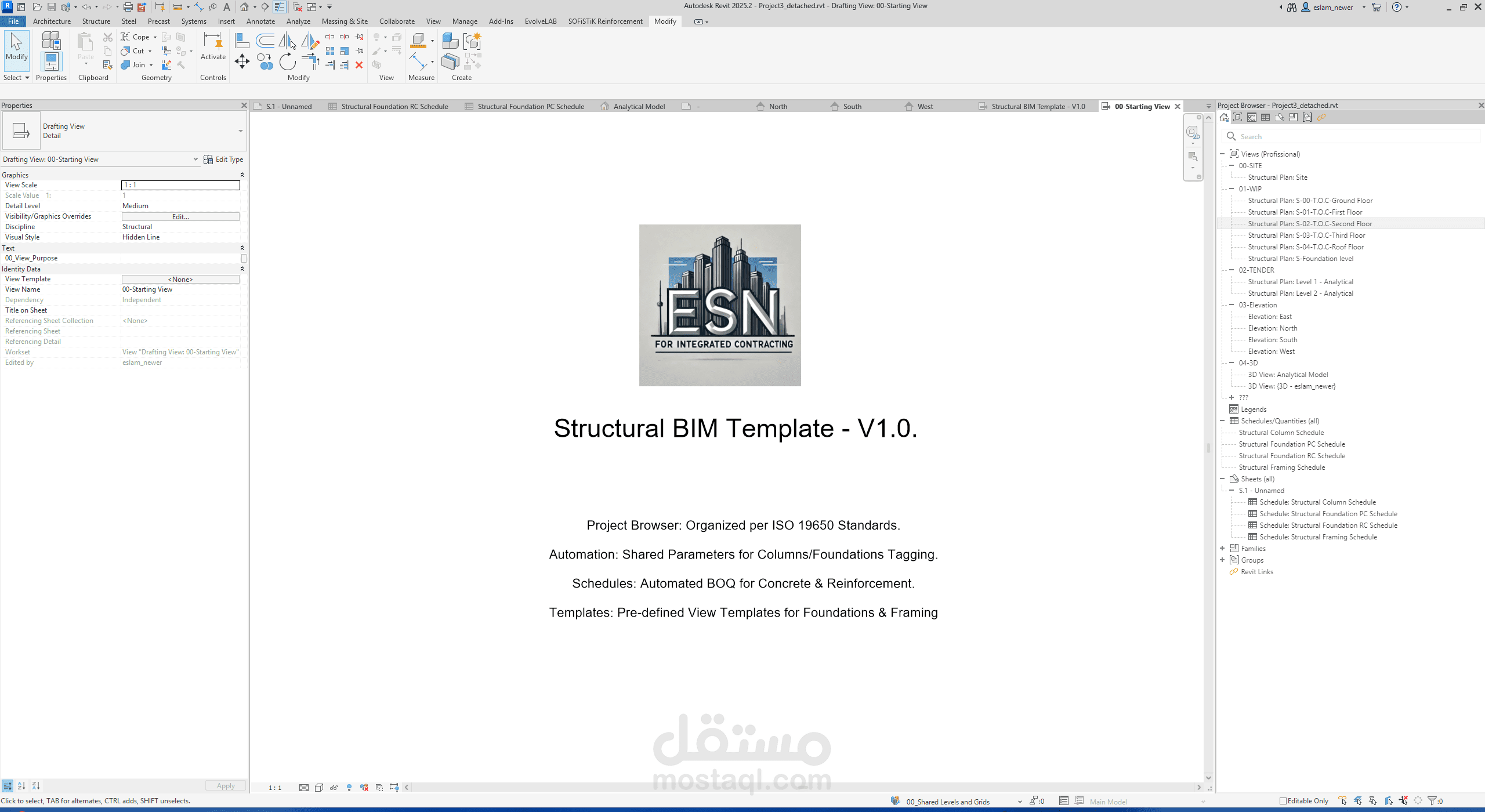 تطوير نظام نمذجة معلوماتية (BIM Template) وأتمتة حصر الكميات الإنشائية (LOD 400).