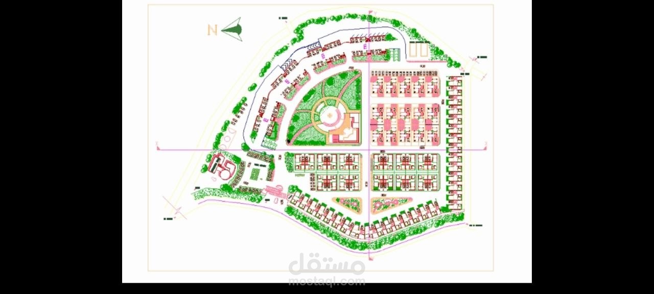 تصميم مخطط حضري متكامل لحي سكني يركز على مساحات خضراء و مرافق وخدمات باستخدام AutoCAD