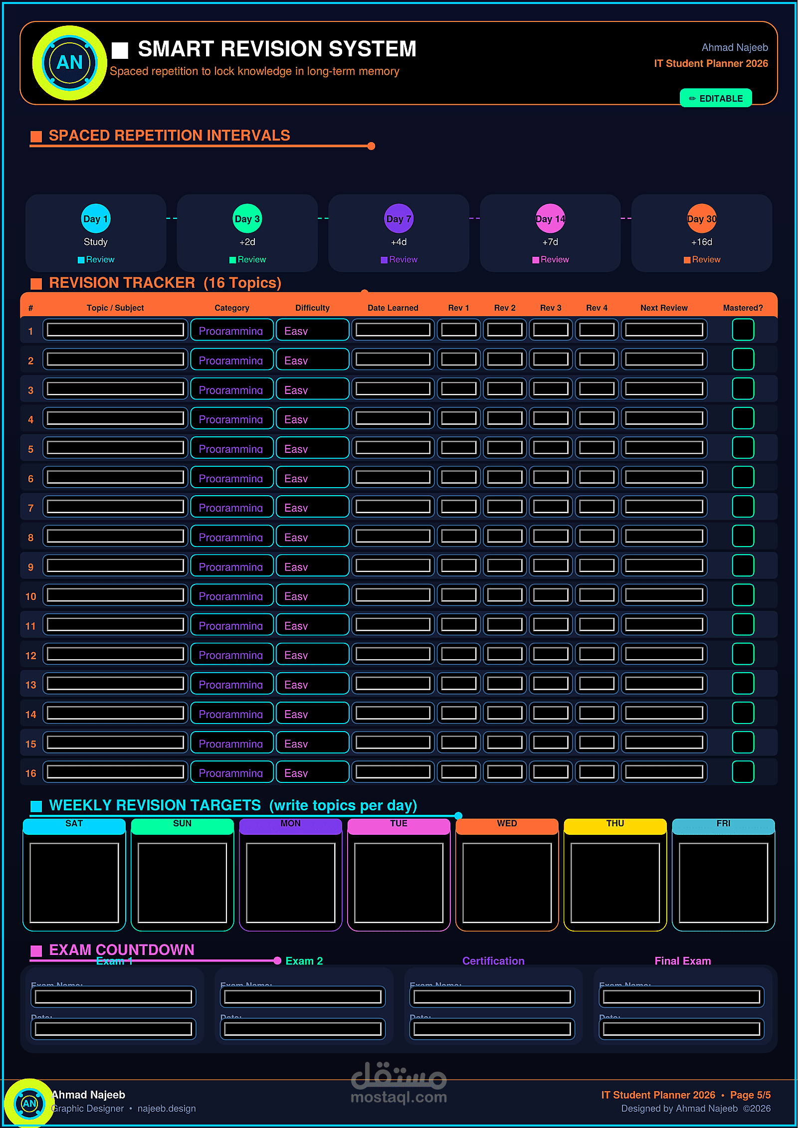 قالب IT Student Planner 2026 تفاعلي قابل للتعديل | تصميم احترافي