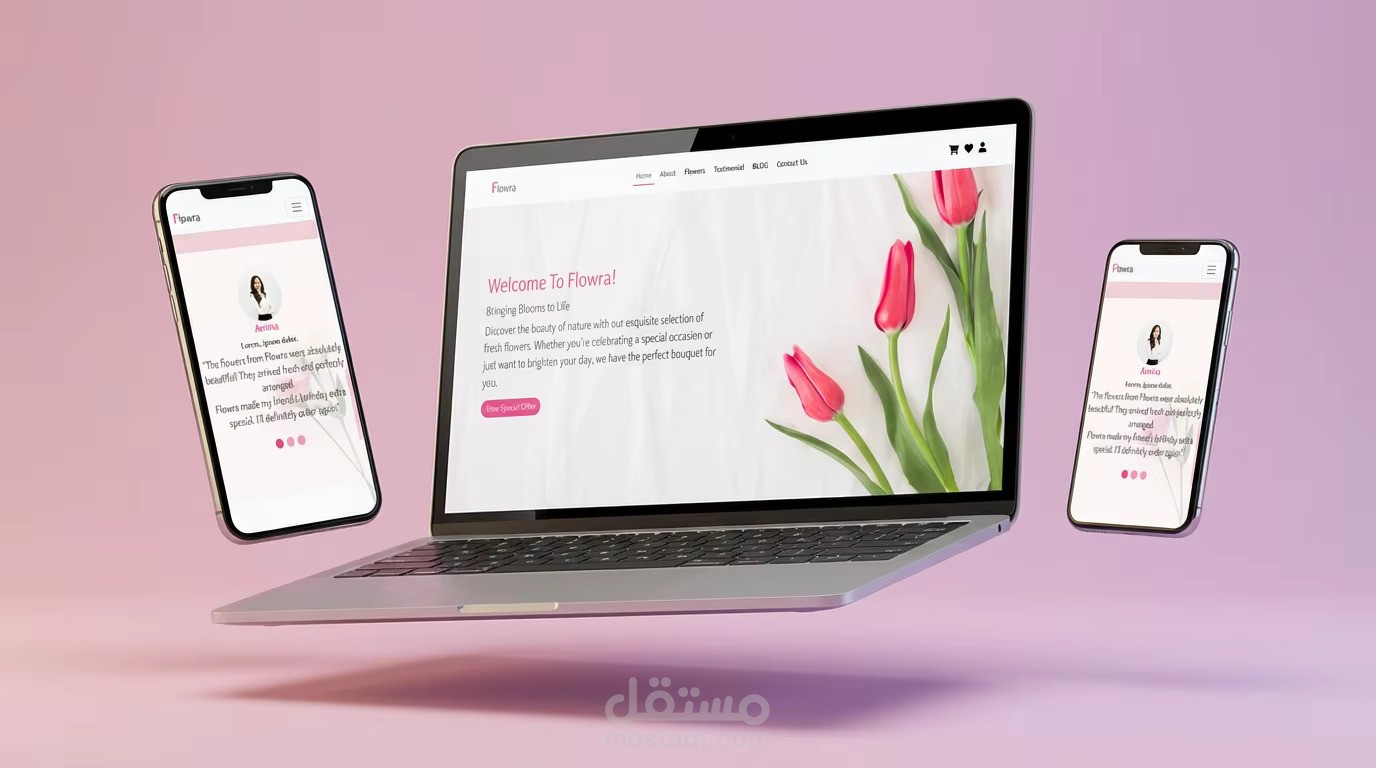 تصميم موقع Flowra لعرض وبيع الزهور بواجهة جذابة