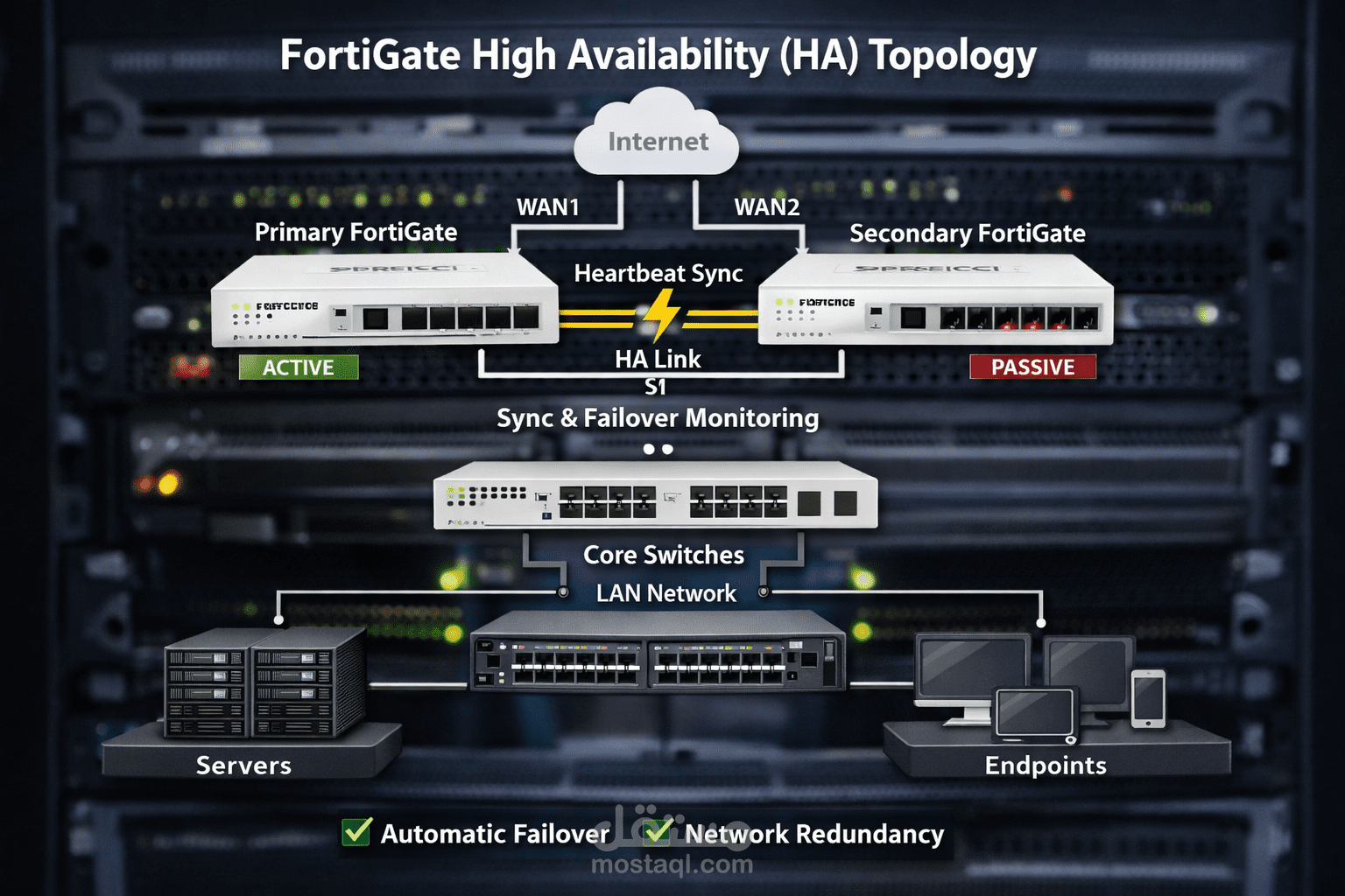 built and tested a comprehensive FortiGate High Availability (HA) topology