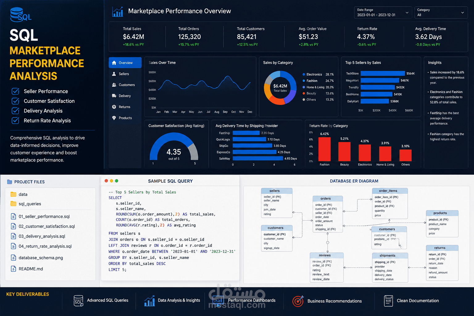 تحليل بيانات منصة تجارة إلكترونية متعددة البائعين باستخدام SQL لتحسين أداء البائعين وتجربة العملاء