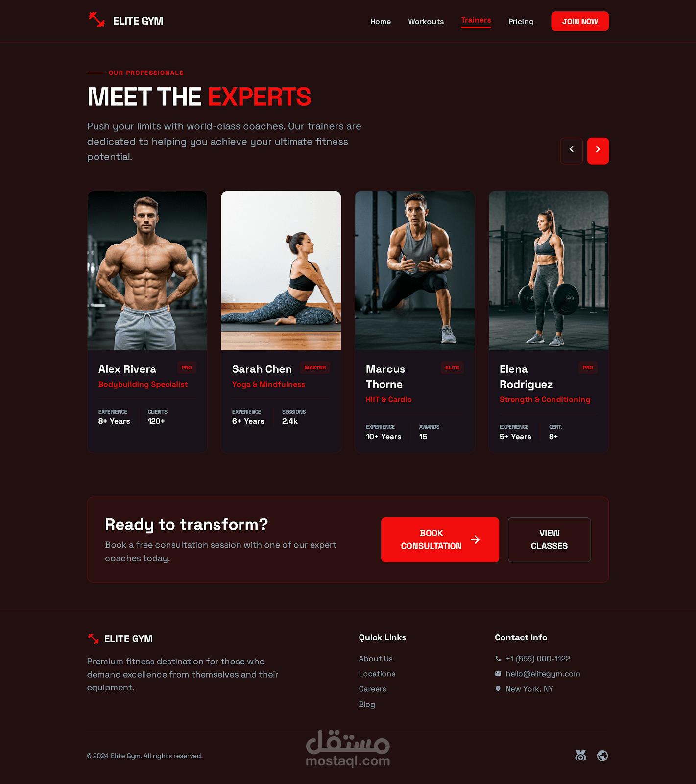 تصميم واجهة مستخدم (UI) لقسم المدربين في موقع لياقة بدنية