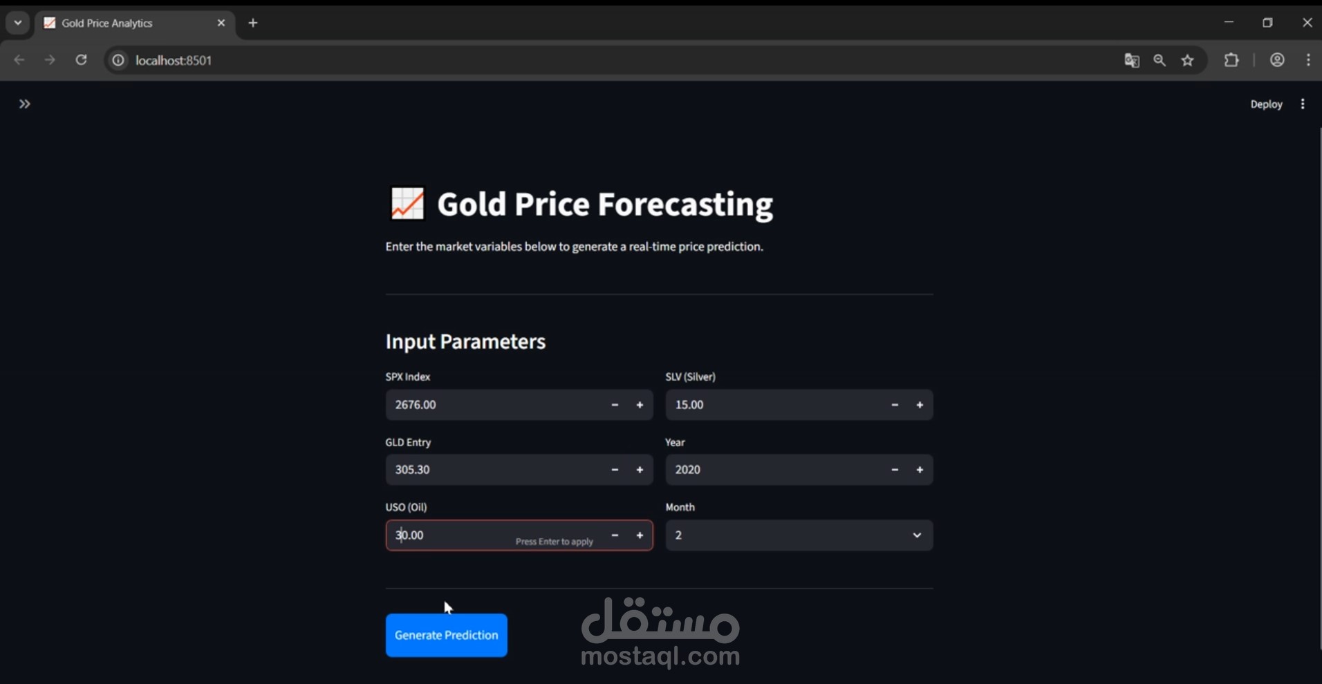تطبيق للتنبؤ بسعر الذهب