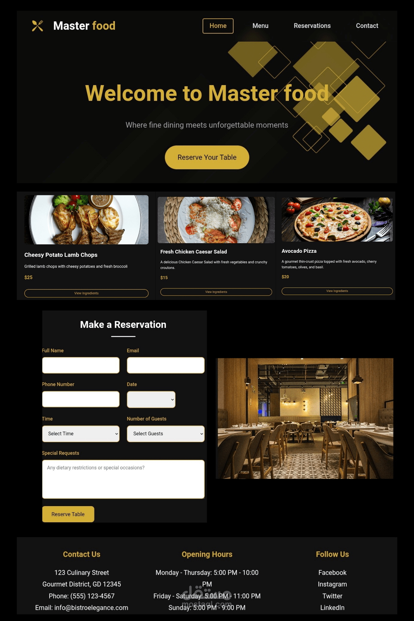 مطعم "Master Food": تصميم واجهة مستخدم (UI) عصرية بنظام الحجز الإلكتروني