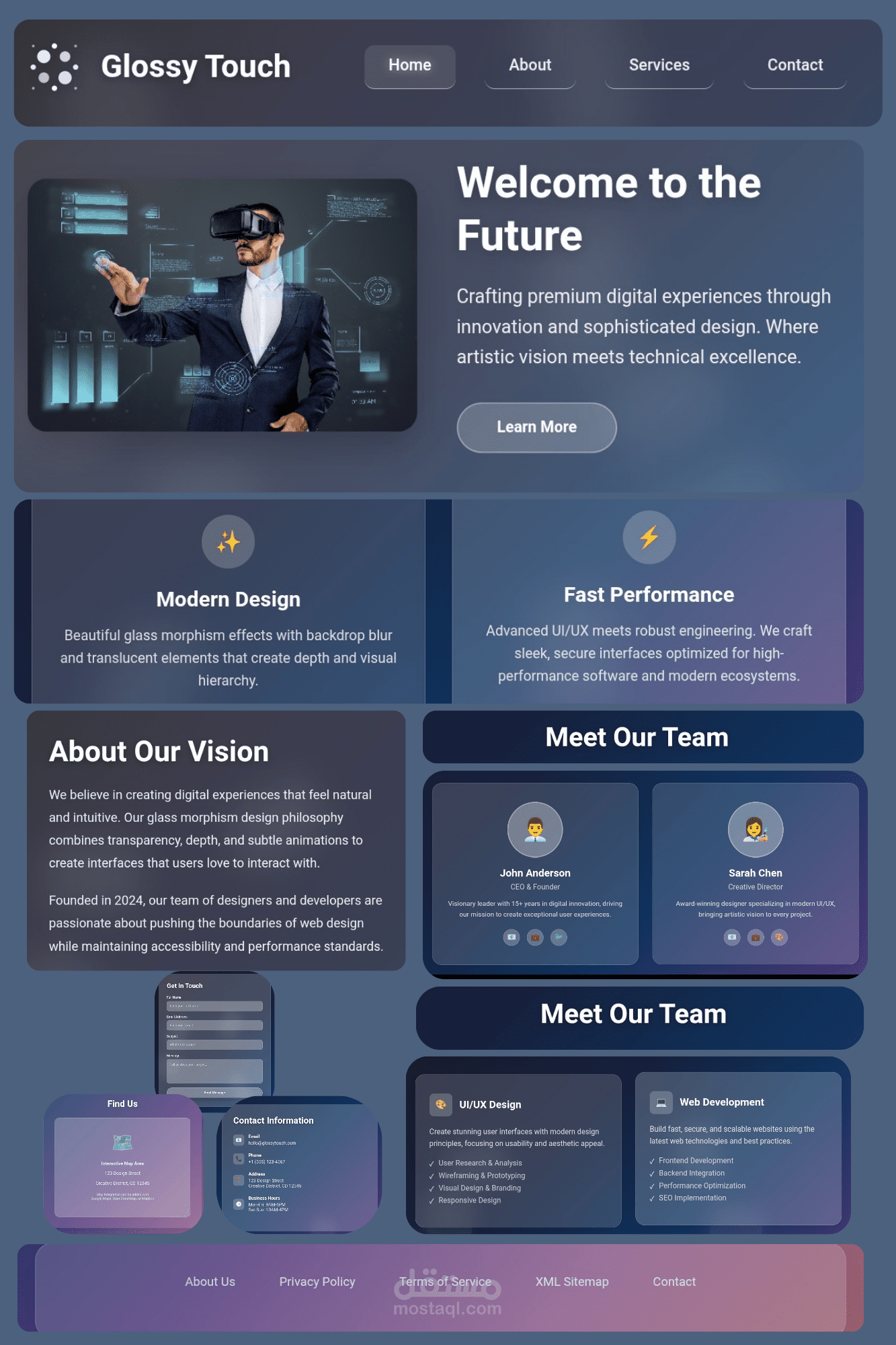 شركة برمجيات وتقنية بتأثير Glassmorphism: تصميم واجهة مستخدم (UI) عصرية ومستقبلية