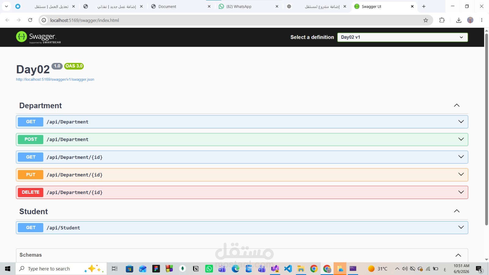 ASP.NET Core Web API لإدارة الأقسام والطلاب مع Swagger Documentation