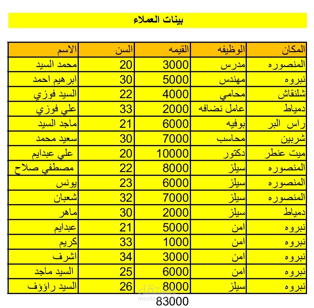 تنظيم وادخال بيانات العملاء في جدول إكسل احترافي