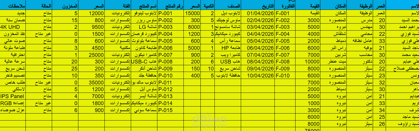 تنظيم وإدخال بيانات عملاء وفواتير في جدول إكسل منسق