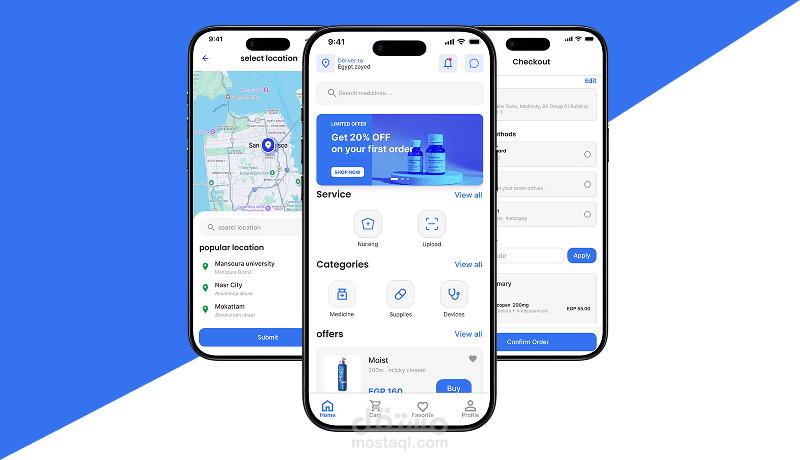 pharmacy and medical services mobile app, UI/UX design