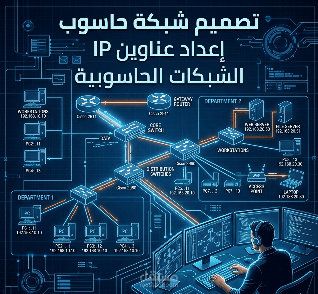 تصميم شبكة حاسوب وإعداد عناوين IP باستخدام Packet Tracer