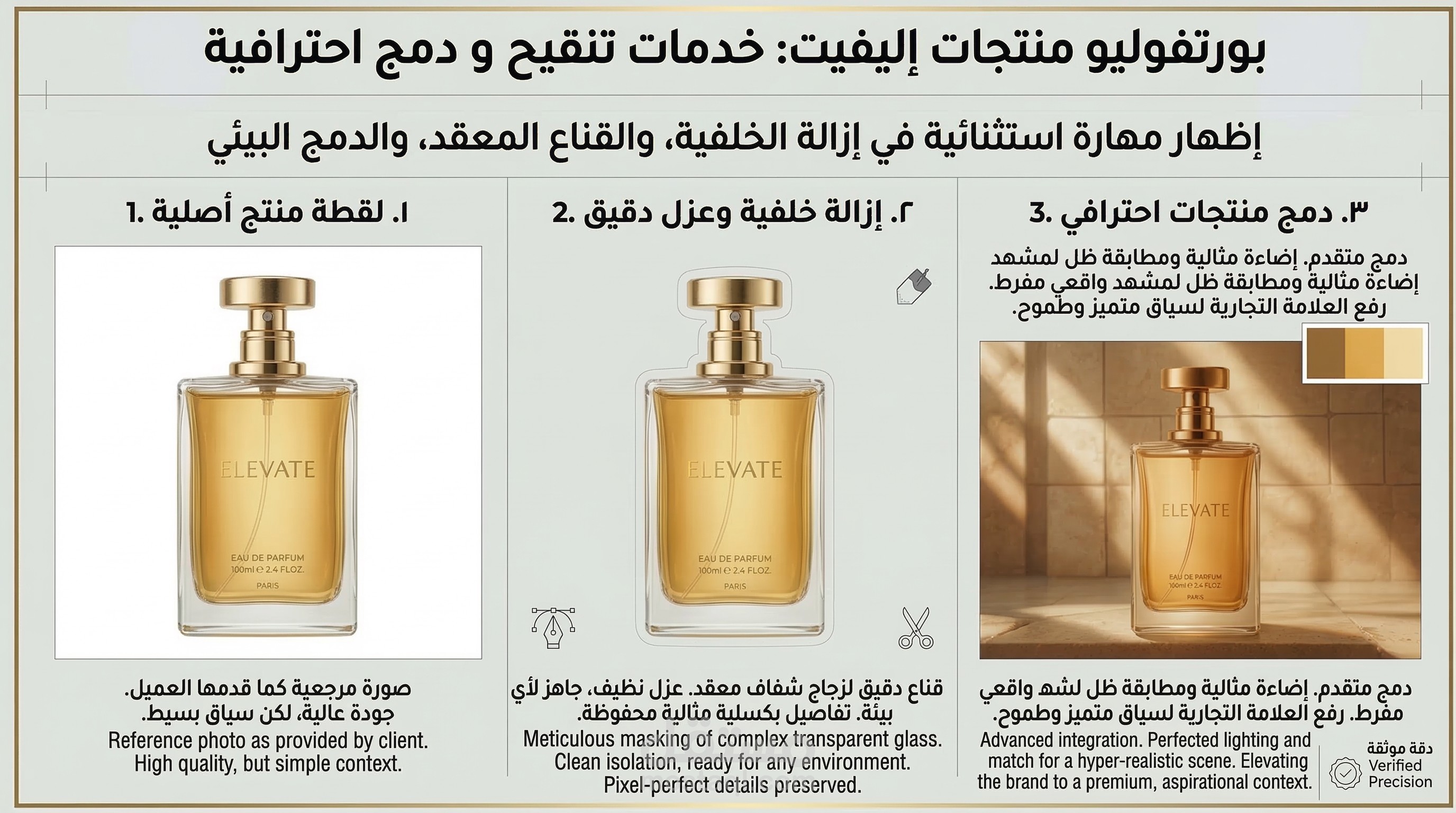 معالجة ودمج احترافي لصور المنتجات الفاخرة (عطور High-End)