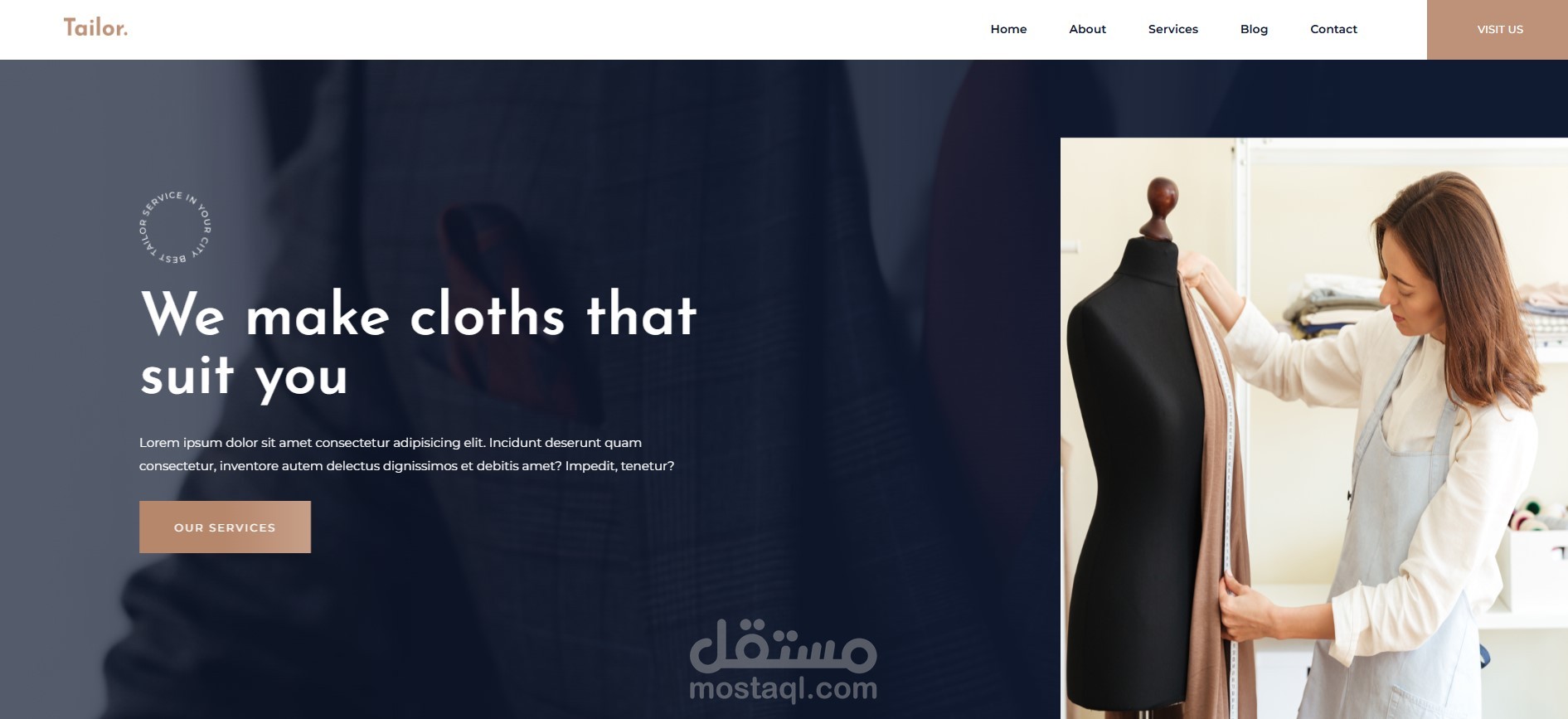 تطوير واجهة مستخدم لموقع "Tailor" لخدمات الخياطة الراقية.
