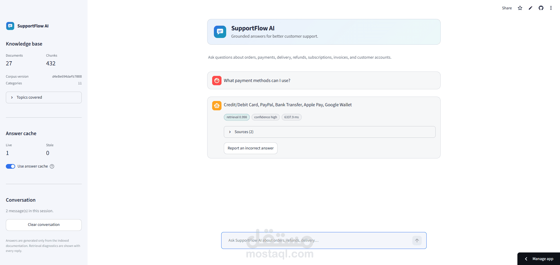 SupportFlow AI – مساعد ذكي لخدمة العملاء باستخدام RAG
