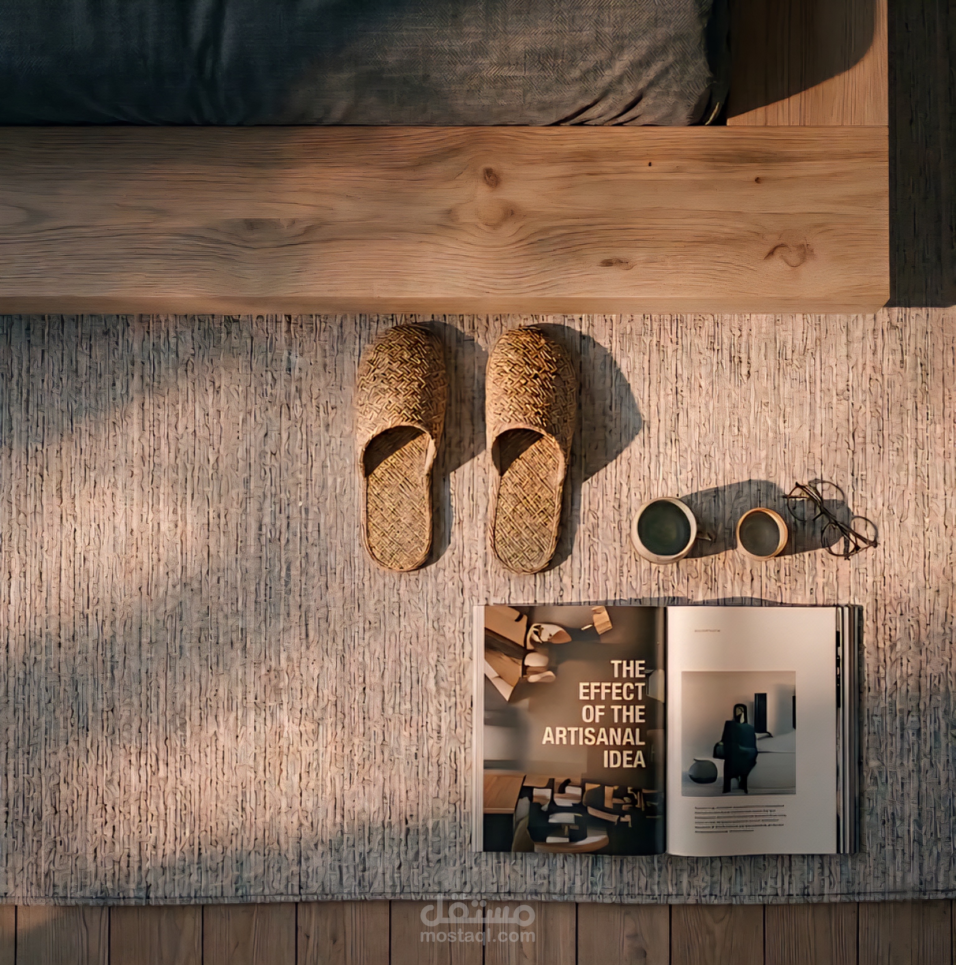 تصميم داخلي لغرفة نوم "minimalist" بروح الـ Japandi - محاكاة واقعية (Photorealistic)