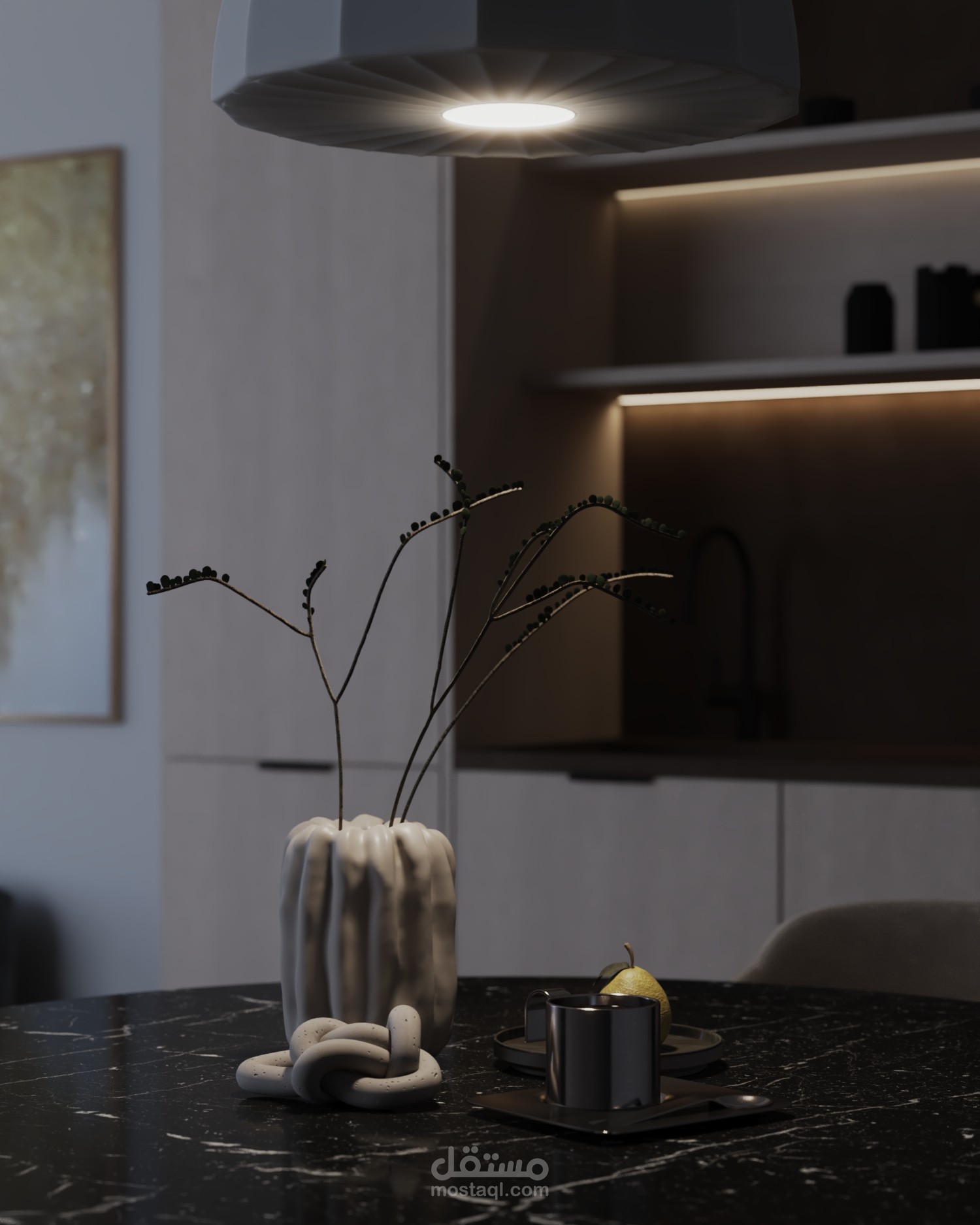 تصميم داخلي لغرفة معيشة ومطبخ بنمط "المودرن الفاخر