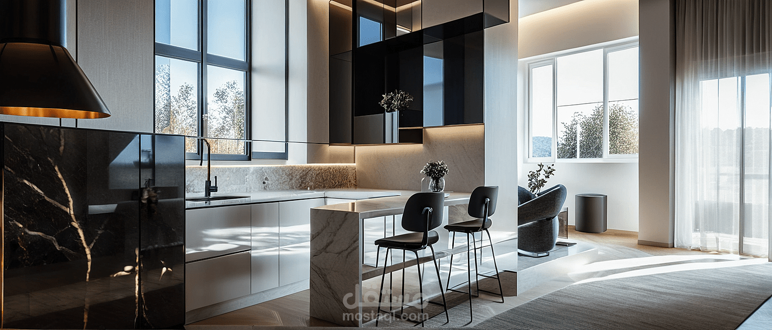 تصميم داخلي متكامل لاستوديو عصري (Tiny House) بنمط الـ Luxury Modern