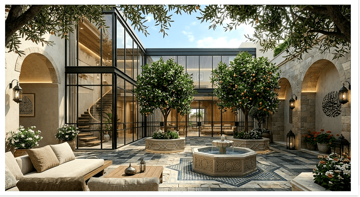 فناء دمشقي معاصر: دمج الأصالة بالاستدامة البيئية الشاملة