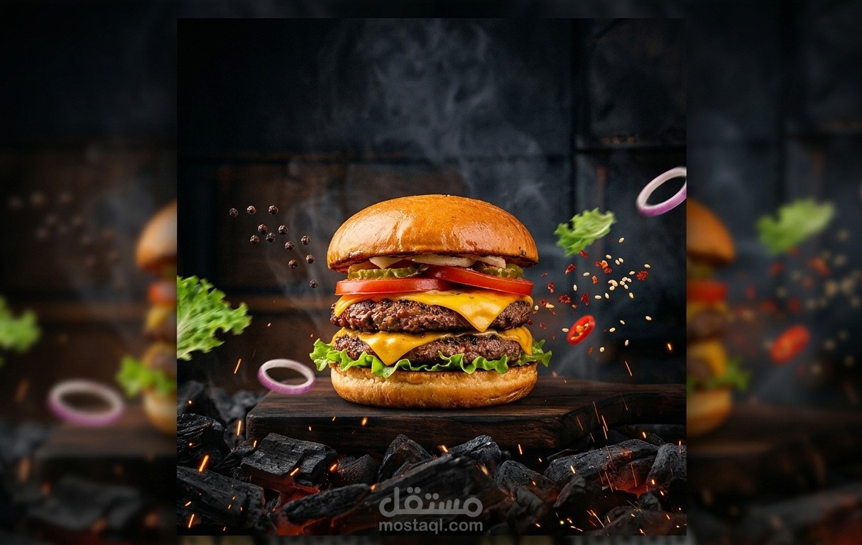 تصميم بوستر "برجر" إبداعي - إضاءة درامية وتفاصيل واقعية